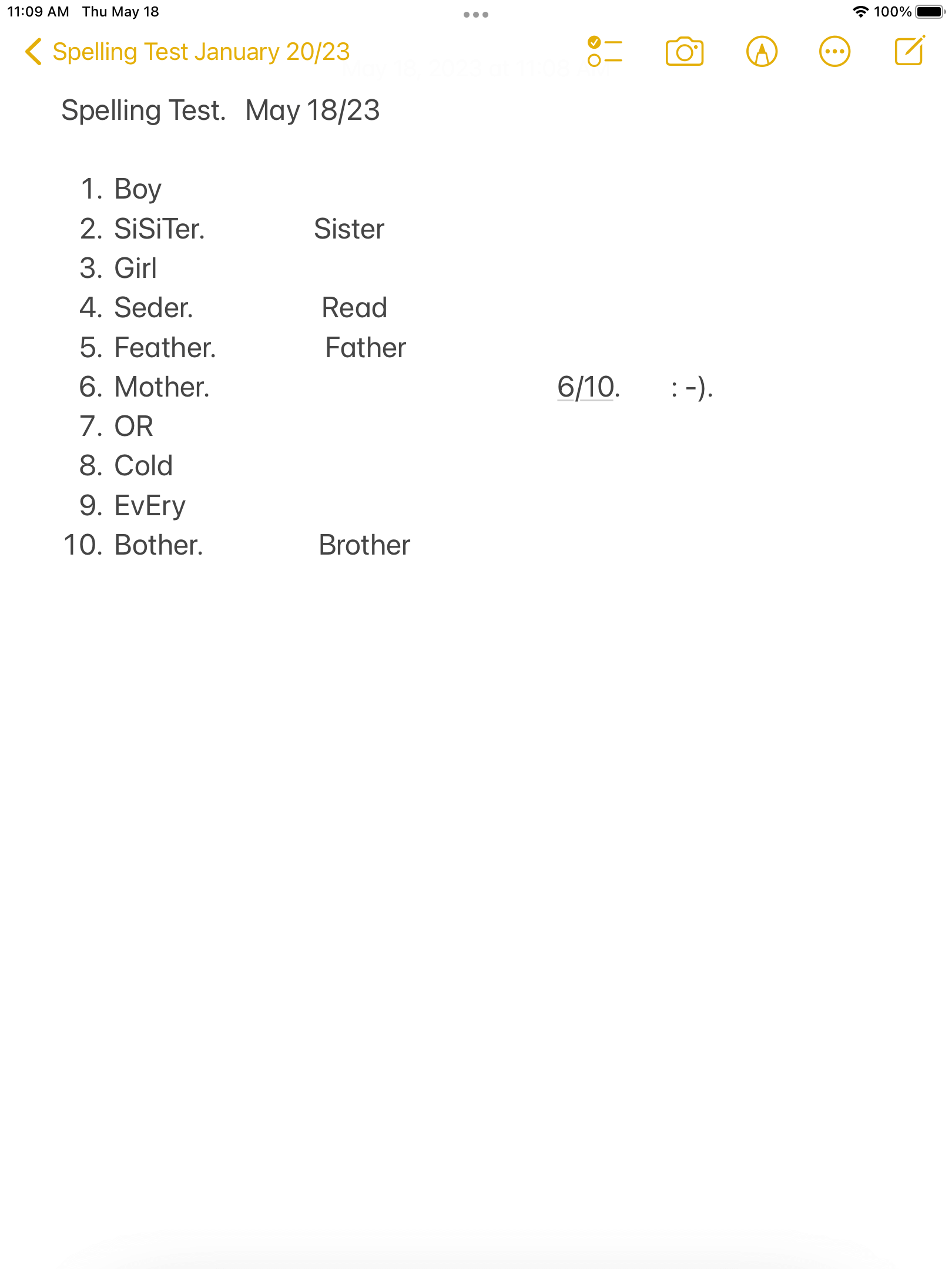 Spelling test completed on Notes