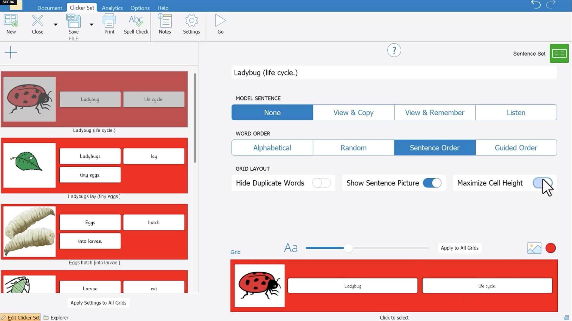 screenshot of enlarging Clicker Sentence Sets